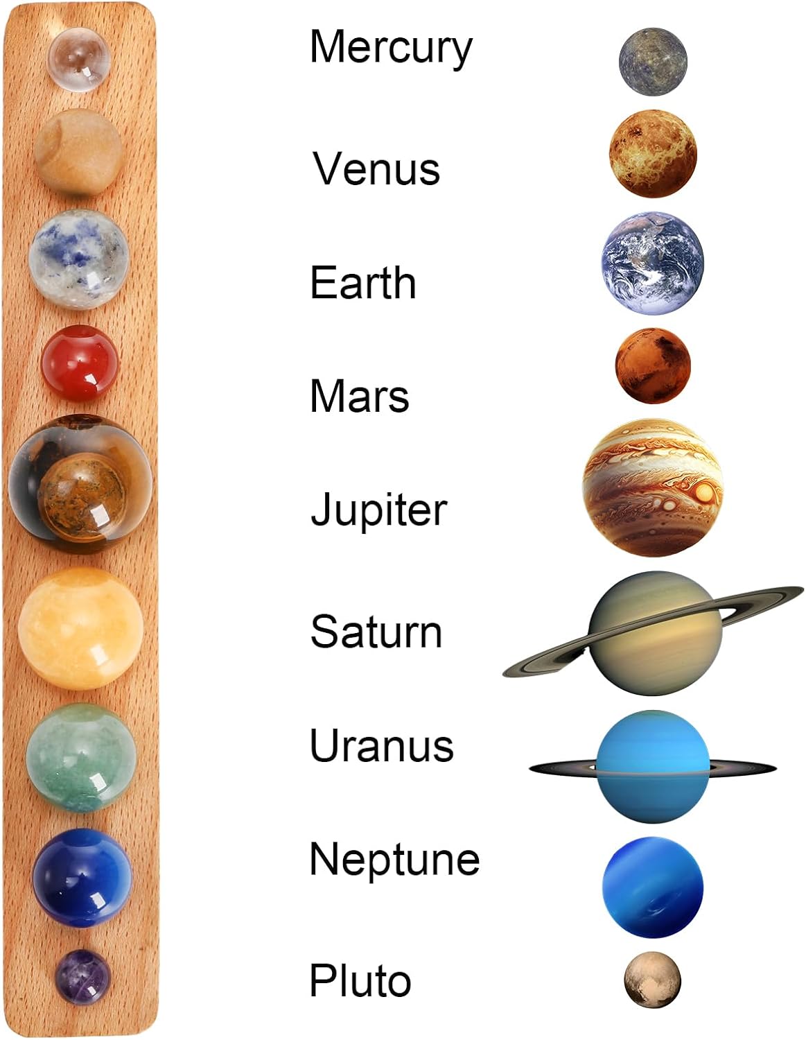 ZENFUN Nine Planets in Solar System with Wooden Stand, Natural Gemstones Sphere Solar System Model Kit, Planet Marbles, Space Themed Bedroom Decor, Best Birthday Science Astronomy Gifts