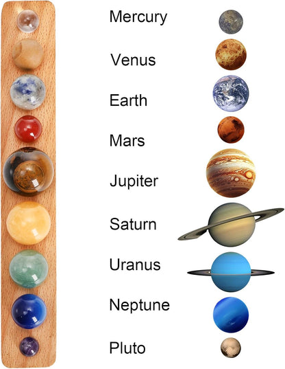 ZENFUN Nine Planets in Solar System with Wooden Stand, Natural Gemstones Sphere Solar System Model Kit, Planet Marbles, Space Themed Bedroom Decor, Best Birthday Science Astronomy Gifts
