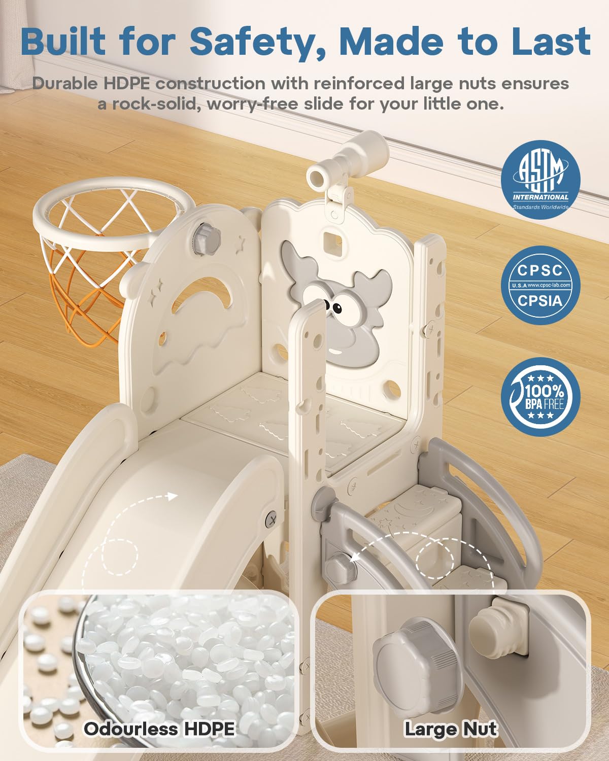BIERUM Toddler Slide for Kids,6-in-1 Indoor Outdoor Toddler Slides Playground with Basketball Hoop, Golf Game & Telescope, L-Shaped Baby Slide Climber Playset, Cream&Gray