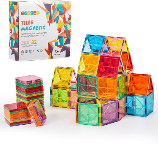 OugerToy 32-Pack Magnetic Tiles–Rainbow Builder Set, 2.95in STEM Construction Kit with Transparent Windows, Expand Creative Play for Kids