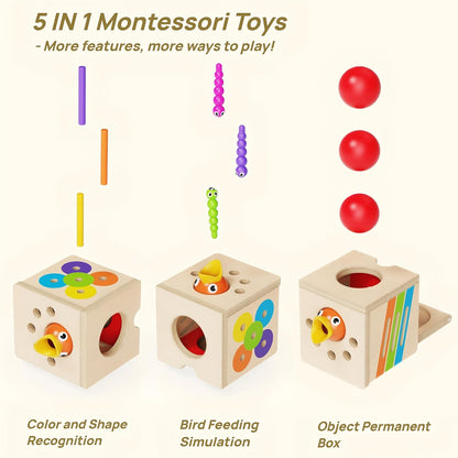 5 in 1 Montessori Activity Toys for 2 3 Year Old Boys and Girls, Wooden Learning Toys with Object Permanence, Bird Feeding Game, Fine Motor Skills, Problem Sloving