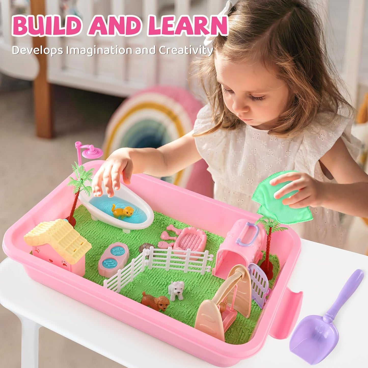 Aprilwolf 21 PCS Pet Sensory Bin, Dog & Cat Sandbox with Sand & Box, Play Sand Art Toys Kit, Pet Care Play Set, Beach Toys for Kids Ages 4-8, Birthday Gift Girls Boys 3 4 5 6 7 Years Old