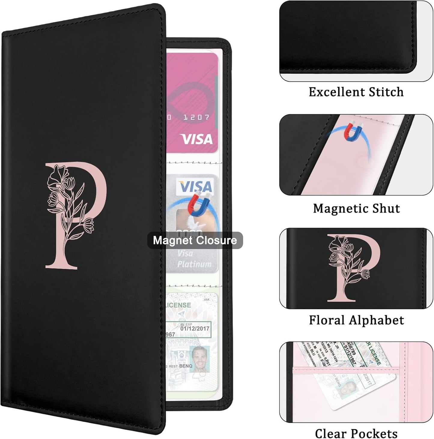 Letter Car Registration and Insurance Holder, with Magnetic Closure for License, Cards and Documents,Vehicle Glove Box Car Organizer, Interior Car Accessories for Women Men (I)