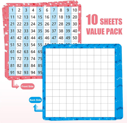 10 Pack Dry Erase Math Hundred Board Card Laminated Double Sided Number 1-100 Chart Easy to Write Consecutive Number Counting Chart for Students Math Manipulatives