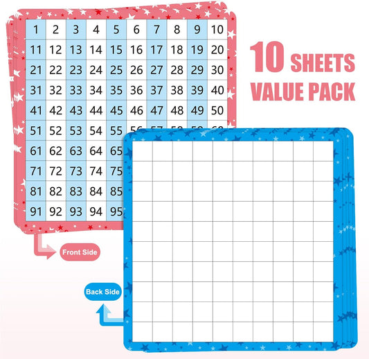 10 Pack Dry Erase Math Hundred Board Card Laminated Double Sided Number 1-100 Chart Easy to Write Consecutive Number Counting Chart for Students Math Manipulatives