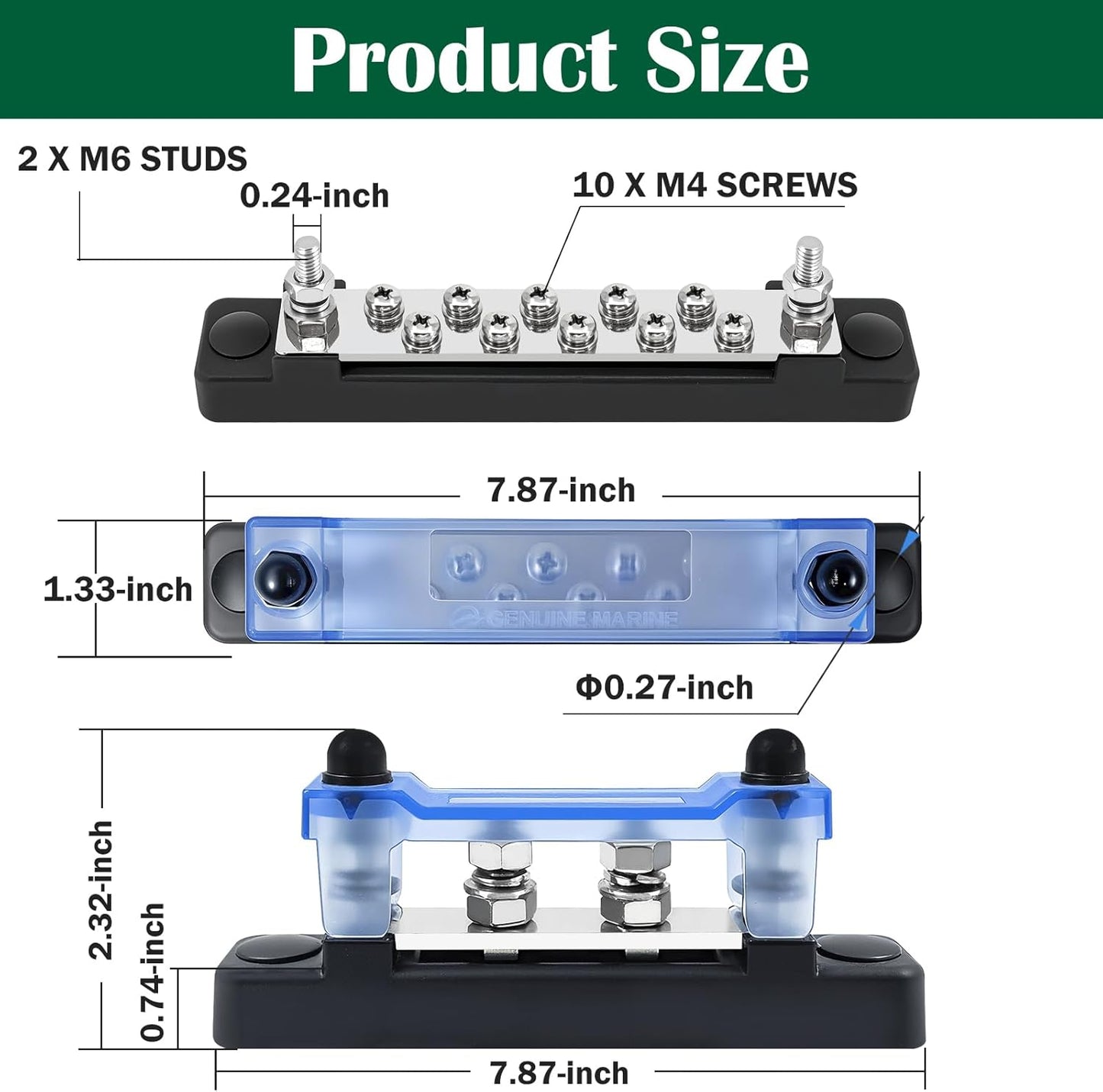 LENKRAD Ground Bus Bar 12V Marine 150A Battery Terminal Block Waterproof Power Distribution Block with 2 x M6 Post,10 x M4 Terminal Screws Negative Buss Bar for RV - 2Pcs