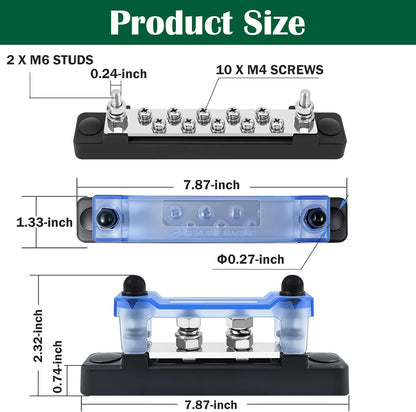 LENKRAD Ground Bus Bar 12V Marine 150A Battery Terminal Block Waterproof Power Distribution Block with 2 x M6 Post,10 x M4 Terminal Screws Negative Buss Bar for RV - 2Pcs