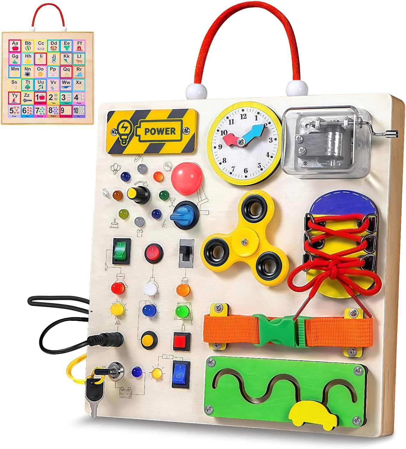 Montessori Wooden Busy Board Toys for 1 2 3 Boys Girls,Toddler Sensory Educational Fidget Board Travel Toy with LED Light Up Switches & Music Boxes, Locks for Kids Gifts