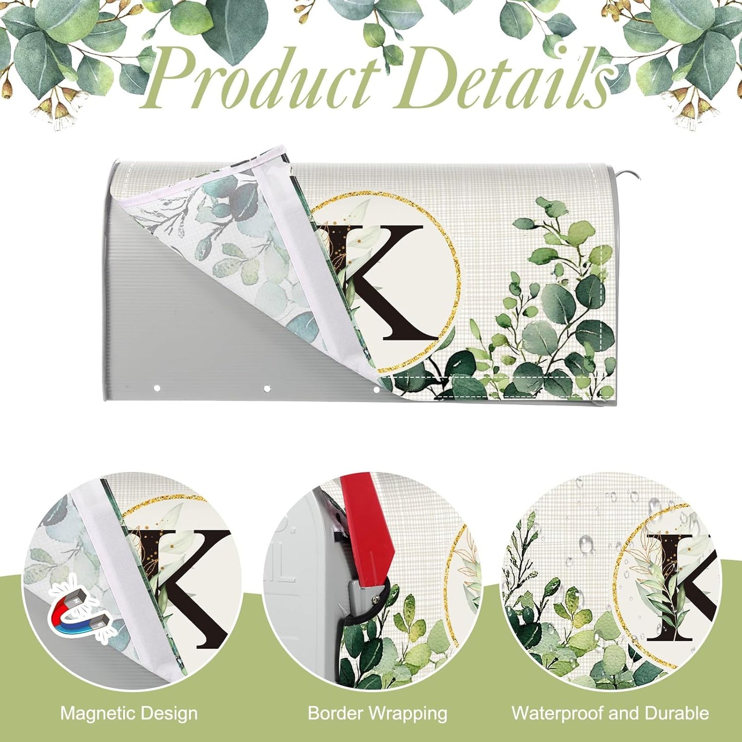 Tiamon Monogrammed L Mailbox Covers Magnetic Eucalyptus Welcome Letter Box Wrap Standard Size 21x18 Inch Spring Summer Leaves Mailbox Decor Eucalyptus Letter Numbers Decoration for Outdoor Garden Yard