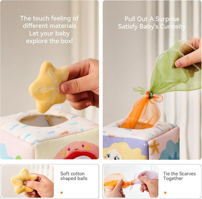 Youuys Baby Tissue Box Toy for Babies 6-12 Months, Montessori Sensory Toys for 1 Year Old Boy, Infant Toy with Crinkle Tissues & Fine Motor, for 6 9 12 18 Months Old Kids 1st Birthday