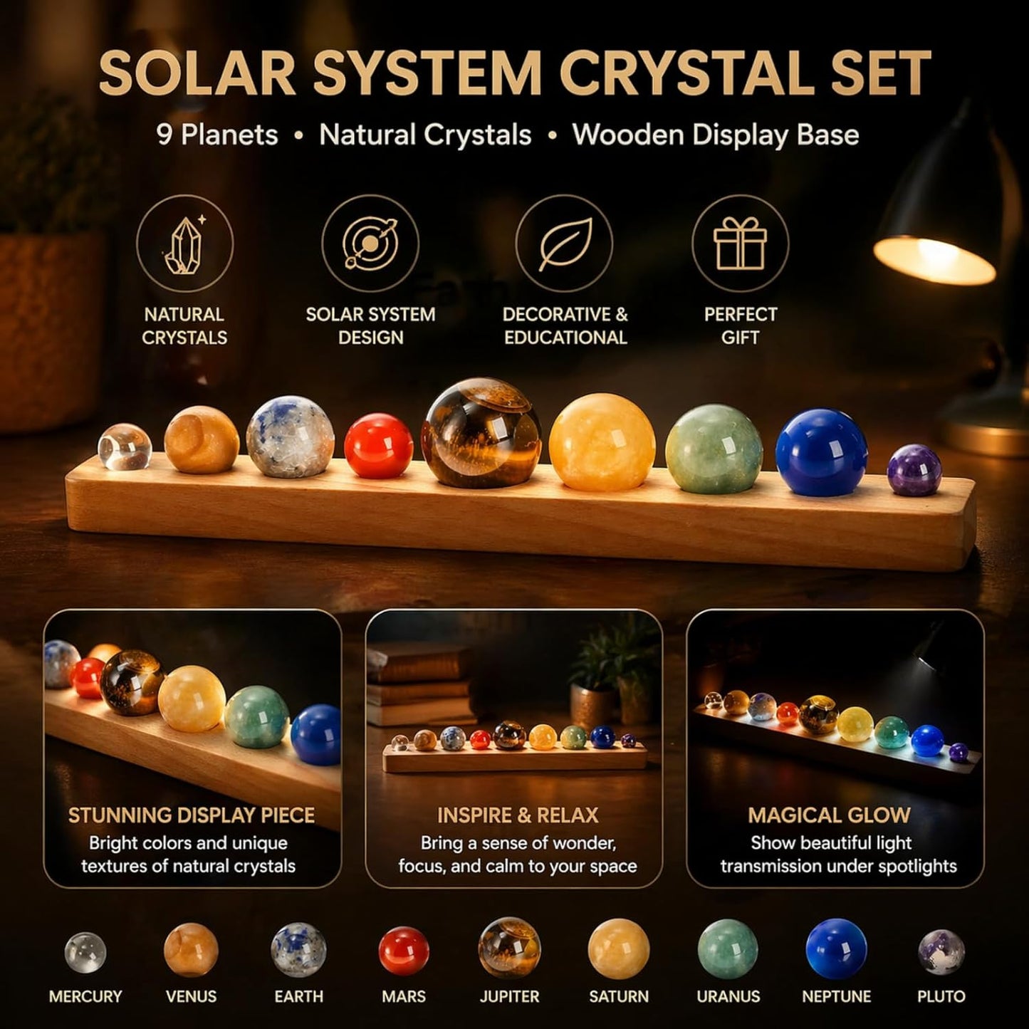 ZENFUN Nine Planets in Solar System with Wooden Stand, Natural Gemstones Sphere Solar System Model Kit, Planet Marbles, Space Themed Bedroom Decor, Best Birthday Science Astronomy Gifts