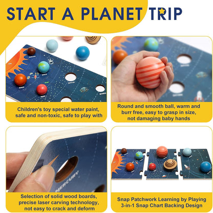 Wooden Solar System Model Board，Kids Solar System，Montessori Planet Toys,Educational Planets Balls,Preschool Learning Puzzle，Space Learning Toys