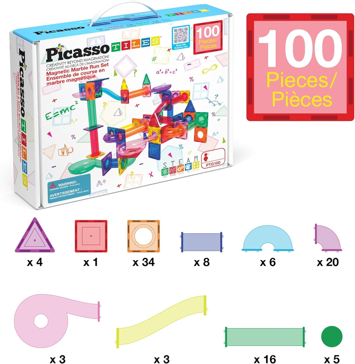 PicassoTiles 50pcs Magnetic Tiles Marble Run for Kids Race Track Toy Marble Maze Sensory Toys for Toddlers STEM Educational Set Magnet Building Blocks Construction Building Tiles Boys Girls 3+ PTG50