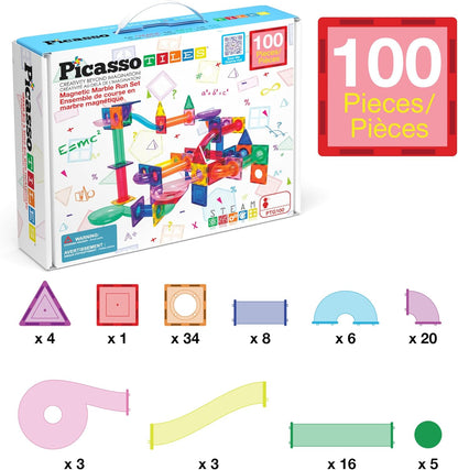 PicassoTiles 50pcs Magnetic Tiles Marble Run for Kids Race Track Toy Marble Maze Sensory Toys for Toddlers STEM Educational Set Magnet Building Blocks Construction Building Tiles Boys Girls 3+ PTG50