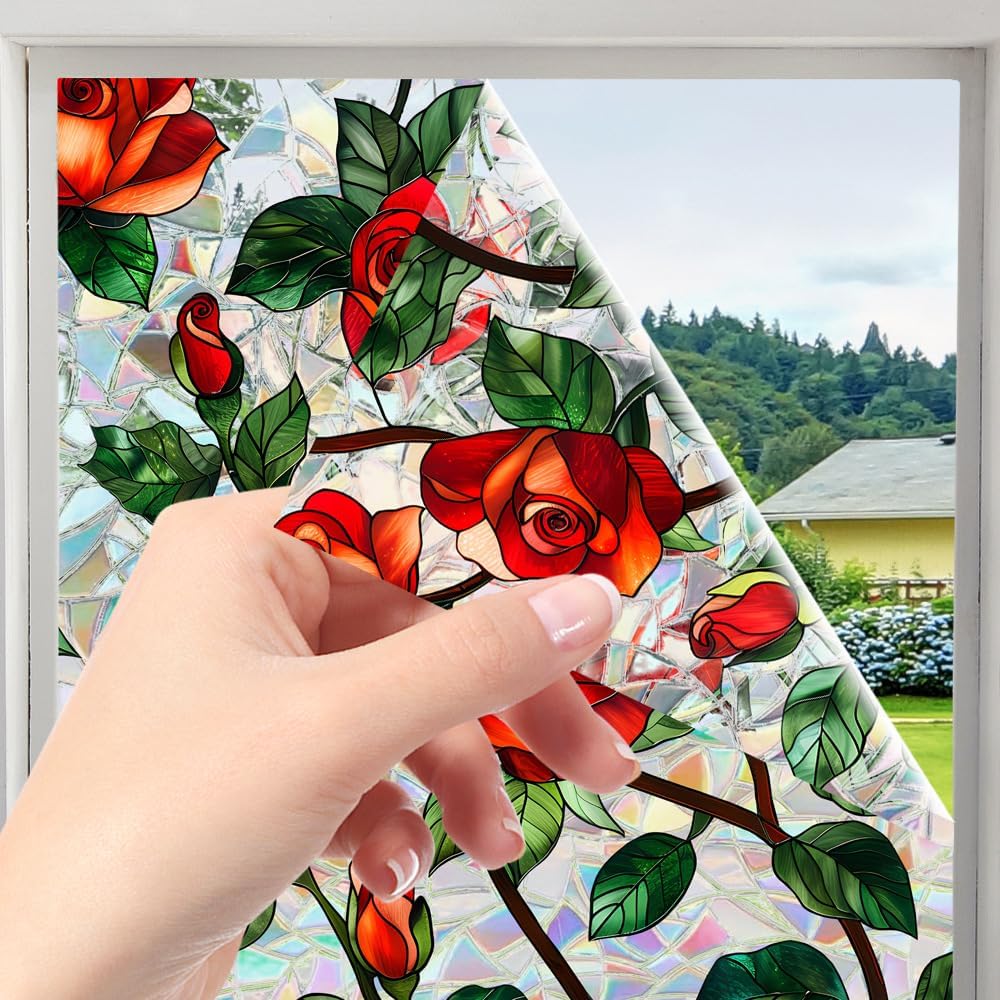 Flower Stained Glass Window Film Decorative Static Cling Stickers Sun Blocking Privacy Decals for Home Car White Lily