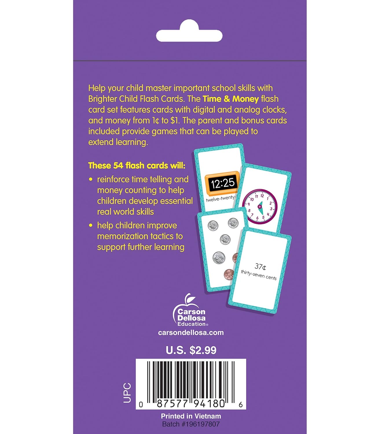 Carson Dellosa 54 Time and Money Flash Cards, Flashcards With Counting Currency and Analog and Digital Clock Practice, Kindergarten Learning Activities and Math Games for Kids 5-7