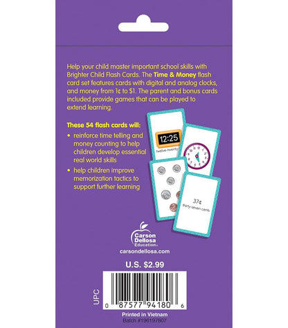 Carson Dellosa 54 Time and Money Flash Cards, Flashcards With Counting Currency and Analog and Digital Clock Practice, Kindergarten Learning Activities and Math Games for Kids 5-7