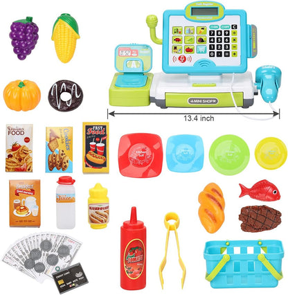 FS Pretend Play Cash Register Toy with True Barcode Scanner & Calculator, Microphone, Play Food, Supermarket Cashier, Great Pre-School Gift Cash Register for Kids Boys & Girls, Ages 3 4 5 6 8