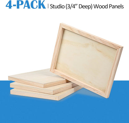 Falling in Art Unfinished Birch Wood Canvas Panels Kit, 4 Pack of 8x10’’ Studio 3/4’’ Deep Cradle Boards for Pouring Art, Crafts, Painting, and More