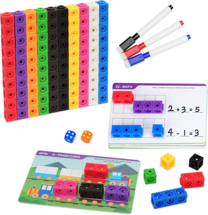 BenBen 100pcs Linking Cubes with 15 Double-Sided Activity Cards - Math Manipulatives for Kids Ages 4-8, Counting Blocks for Kindergarten, Snap Cubes STEM Educational Toy for Classroom & Homeschool