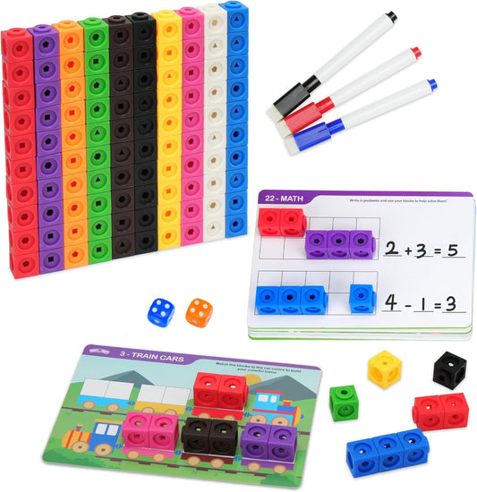 BenBen 100pcs Linking Cubes with 15 Double-Sided Activity Cards - Math Manipulatives for Kids Ages 4-8, Counting Blocks for Kindergarten, Snap Cubes STEM Educational Toy for Classroom & Homeschool