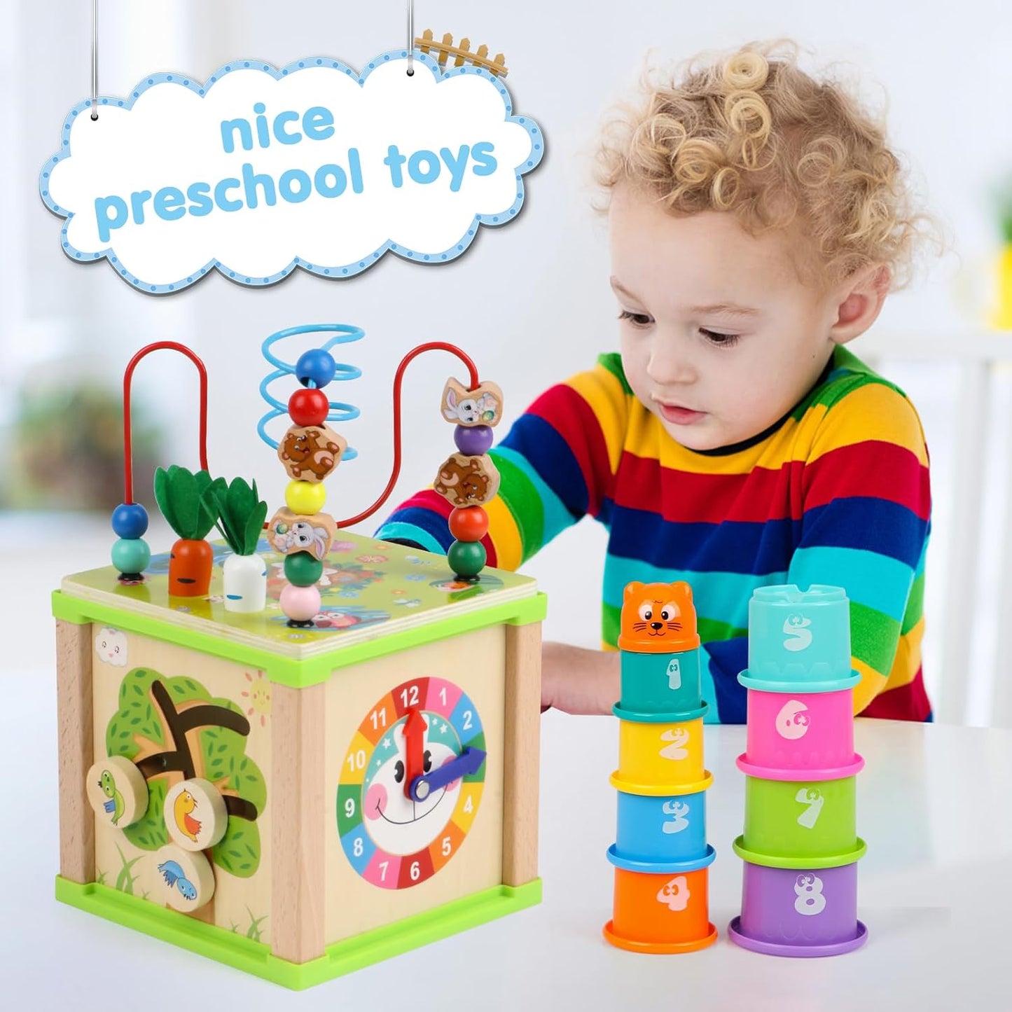 Wooden Activity Cube,Montessori Toys Gift Set for 12+ Months Boys & Girls,Educational Learning Toys for Toddlers Age 1+,First Birthday Gift for Baby