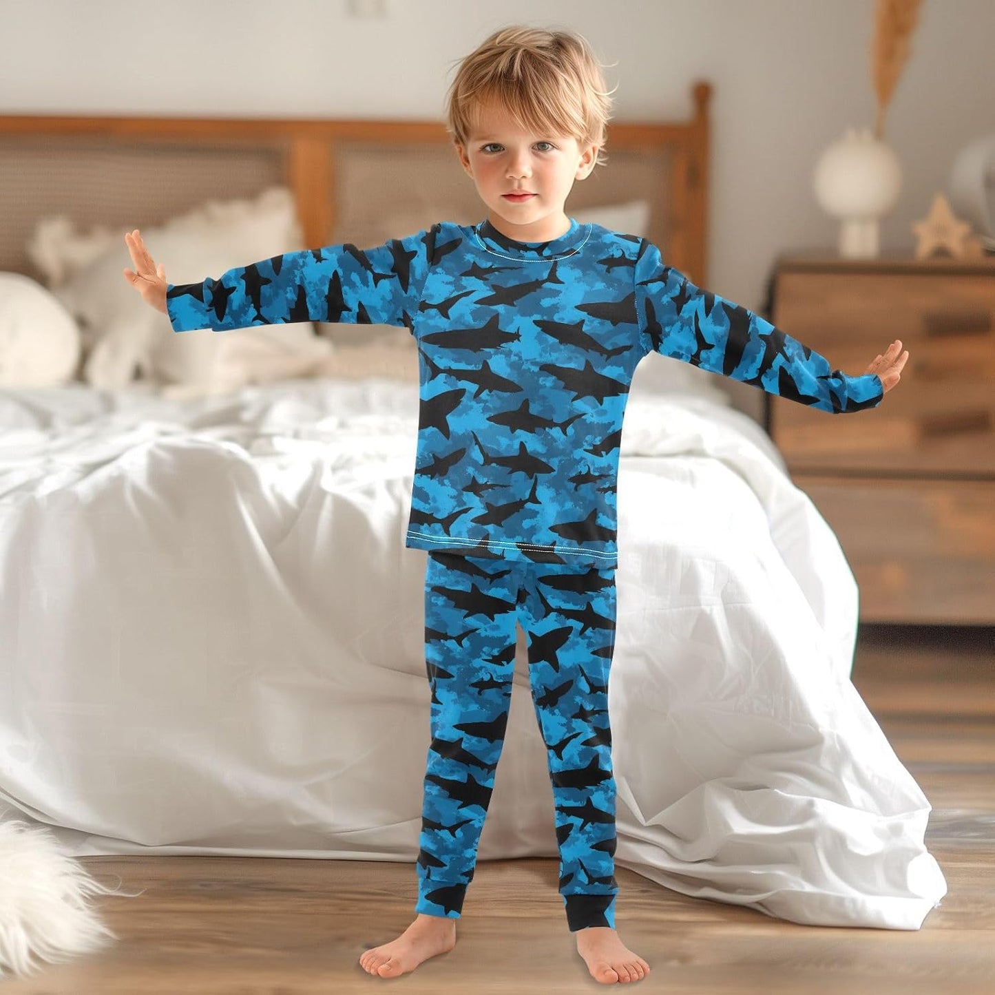 ALAZA Shark Starfish Palm Tree 2 Piece Pajama Set Long Sleeve Top and Pants Sleepwear Unisex - Colors B