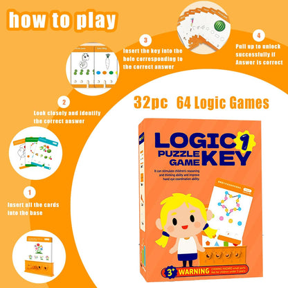 3 Levels Difficulty Toddler Preschool Educational Logic Key Toys, 64 Active Logic Flashcard Puzzles, for Kids with Card Base & Key,Logic Puzzle for Kids (3)