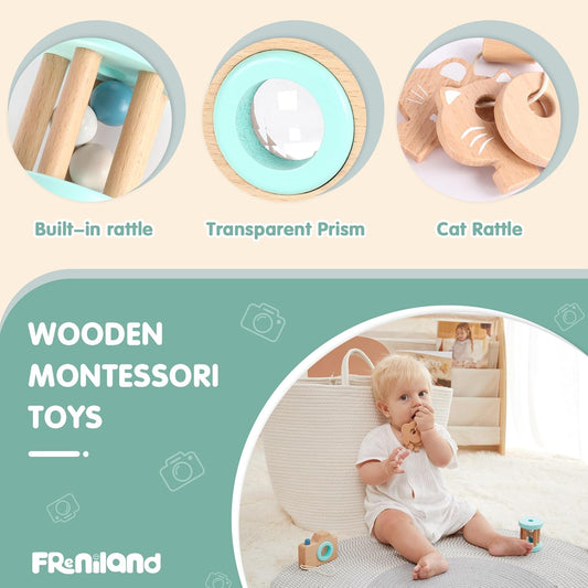 FReniland Wooden Montessori Toys, 4-Piece Wooden Baby Toy, Rainbow Stacking Ring,Car Push and Pull Toy, Rocket Stacking Ring Babys Toys,Newborn Baby Gift Sets for Boys and Girls