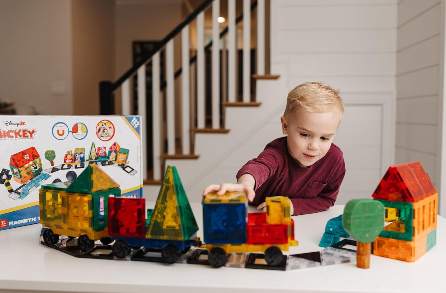 Tytan Official Disney Junior Mickey Mouse Jumbo Train Magnetic Tile Set – 112-Piece STEAM Toy Featuring Magnetic Cubes, Wheeled Bases, Reusable Stickers & Instruction Manual – Kids Ages 3+