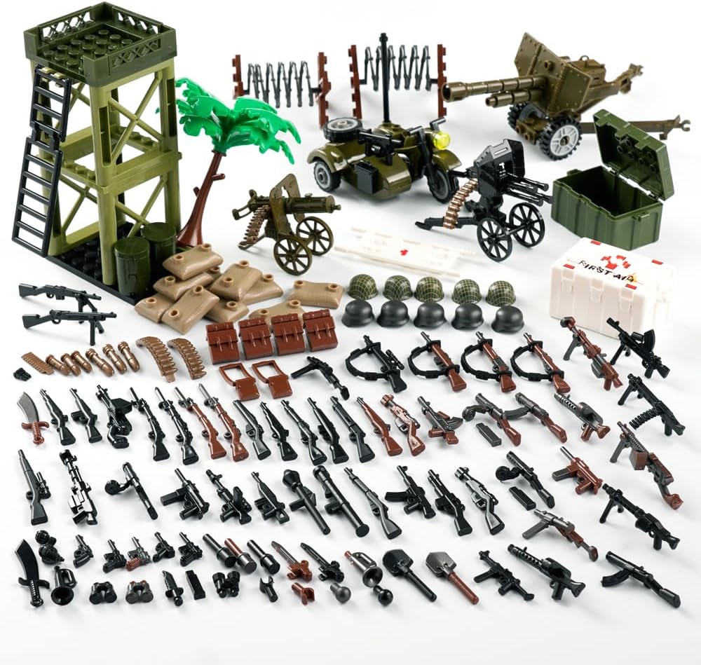 Military WW2 Accessories Weapons Pack - Army Builiding Block Sets, Military Soldier Figures Equipment Gear Pieces, Weapon Sentry Guard Tower Bricks Custom Scenes