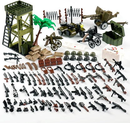 Military WW2 Accessories Weapons Pack - Army Builiding Block Sets, Military Soldier Figures Equipment Gear Pieces, Weapon Sentry Guard Tower Bricks Custom Scenes