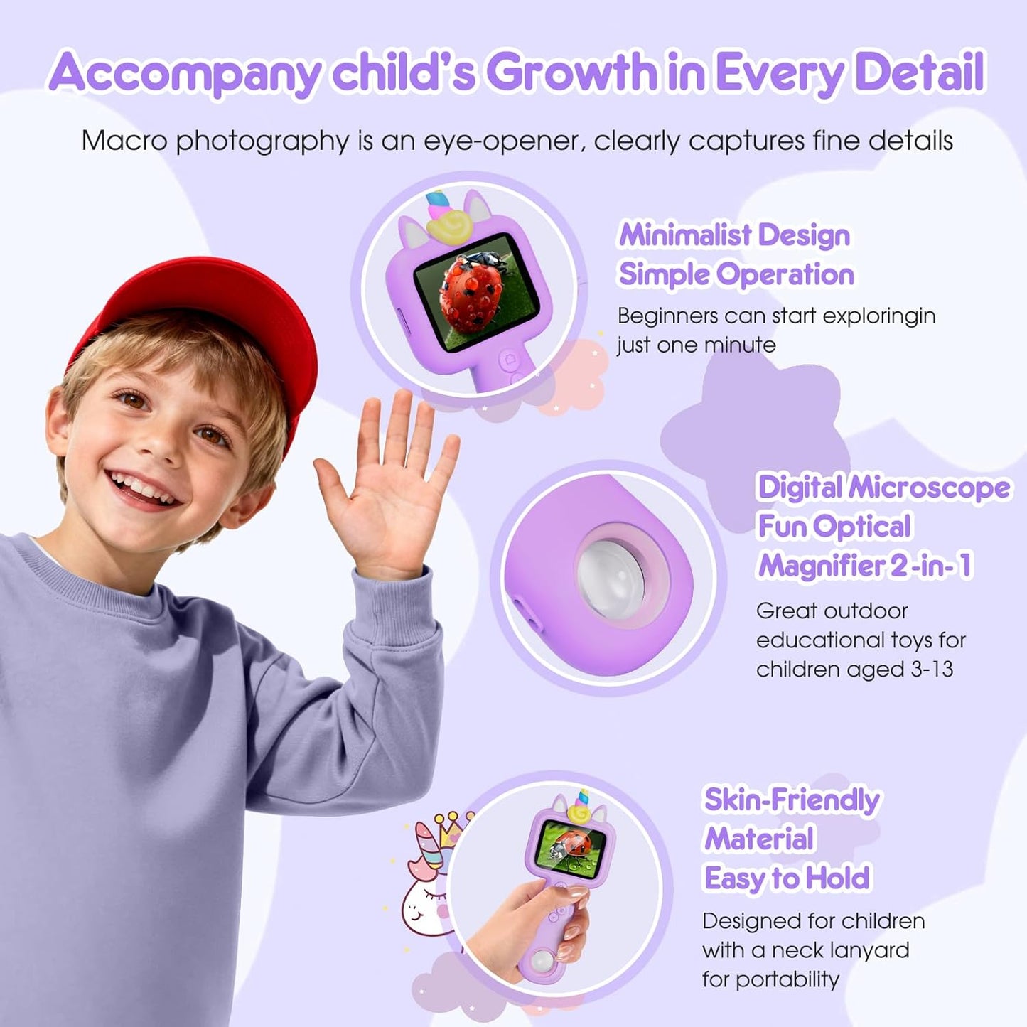 Magnify 2.4" Microscope for Kids, 600X-4800X Handheld Digital Miniscope, Portable Pocket Magnification Microscope Photo & Video | Education Toys for Age 3 4 5 6 7 8 9 10 Girls Boys