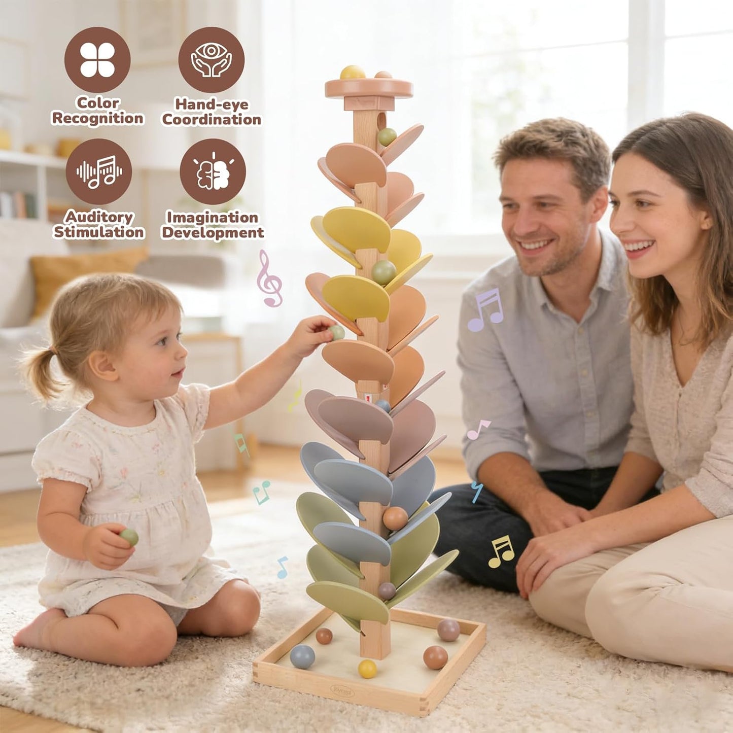 Joyreal Wooden Marble Run Music Tree for Kids 3-5 4-8, Montessori Wooden Ball Drop Toy, Rainbow Marble Tree Tower with Sound Leaves, Educational Learning Birthday Gift