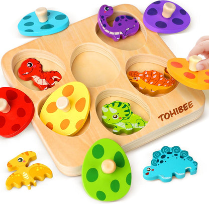 Wooden Puzzles for Toddlers 1-3 – Dinosaur Matching Egg Peg Puzzle, Montessori Sensory Toys for Boys & Girls, Early Learning Educational Toy