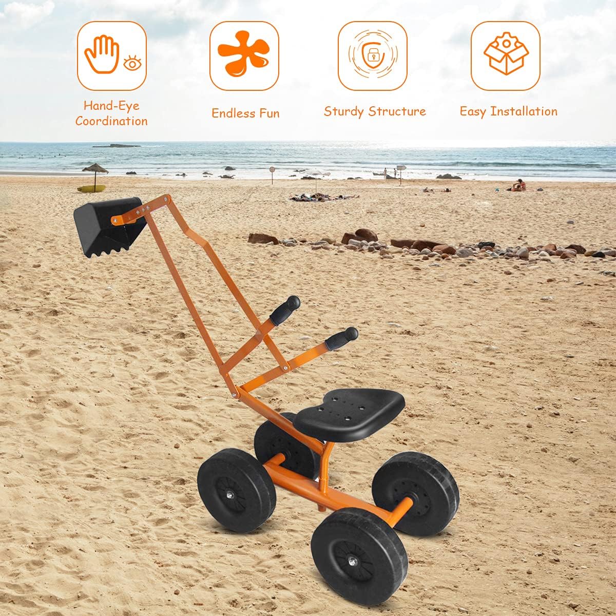 Costzon Kids Ride on Sand Digger with Wheels, Heavy Duty Steel Digging Scooper Excavator Crane with 360° Rotatable Seat for Dirt, Snow, Beach, Outdoor Sandbox Play Toy
