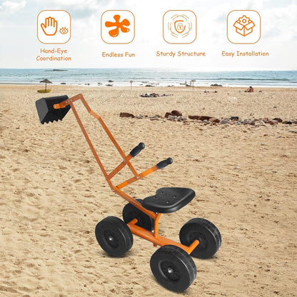 Costzon Kids Ride on Sand Digger with Wheels, Heavy Duty Steel Digging Scooper Excavator Crane with 360° Rotatable Seat for Dirt, Snow, Beach, Outdoor Sandbox Play Toy
