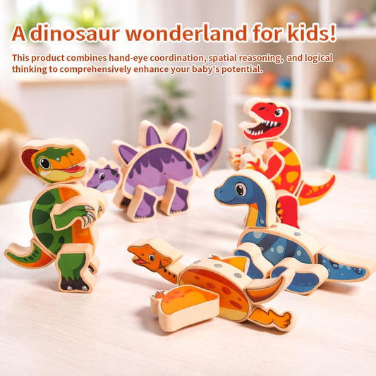 INIFEIDALA Magnetic Wooden Dinosaur Building Blocks,Take Apart STEM Montessori Educational Toy,Fine Motor Skills Development Ages 3-6,Hand-Eye Coordination