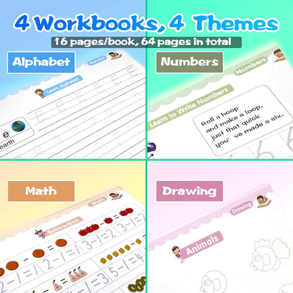 4 Magic Grooved Writing Practice for Kids - English Pre K Tracing Practice Book, Reusable Preschool Handwriting Workbooks Without Tears, 4-Theme Copybooks with Pen Refill for Age 3-10 (English, Small)