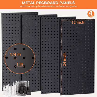 INCLY 70PCS Pegboard Wall Organizer, 4PCS Metal Peg Board Panels with 66PCS 1/4" Pegboard Hooks Accessories Kit, Black Peg Board for Walls Home, Garage Tool Storage, Workbench Organization