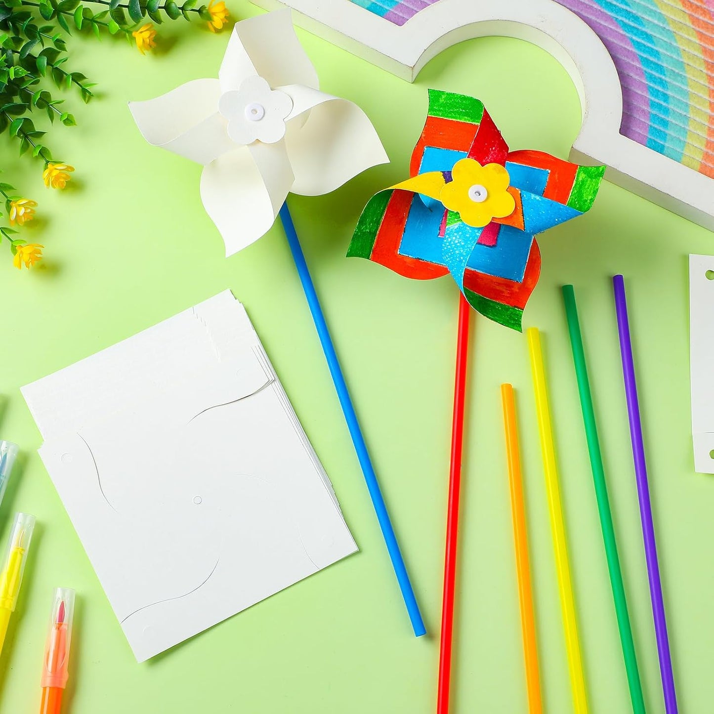 Poen 48 Pcs DIY Pinwheels Paper Craft Bulk Color Your Own White Pinwheels Summer Activity Arts End of Year Craft Mothers Day Blank Windmills Party Favor Supplies, 5 Inches
