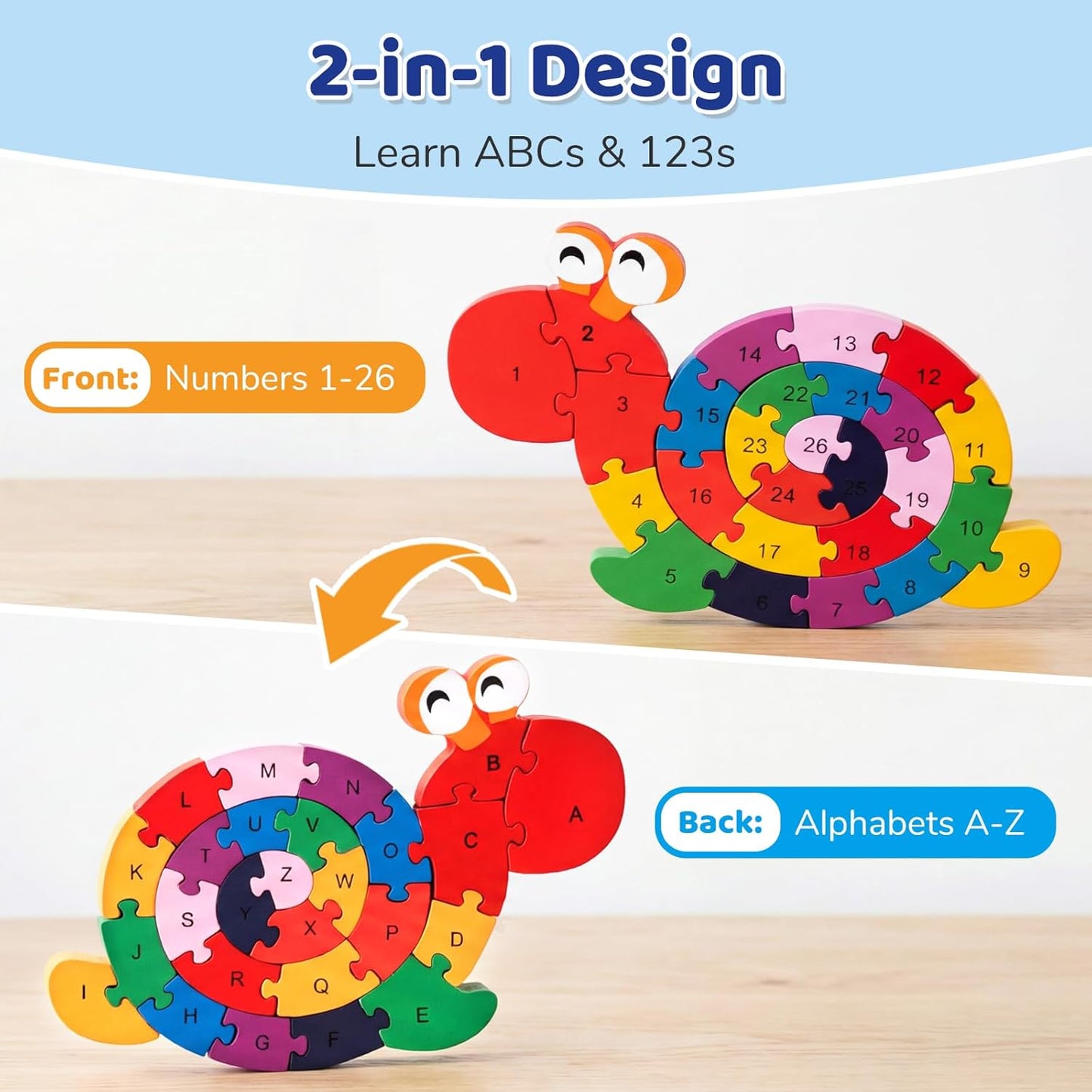 LovesTown Wooden Puzzles for Kids, Double Sided Giraffe Jigsaw with Alphabet & Numbers, Montessori Educational Toy for Toddlers, Chunky Animal Gift