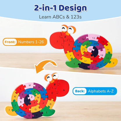 LovesTown Wooden Puzzles for Kids, Double Sided Giraffe Jigsaw with Alphabet & Numbers, Montessori Educational Toy for Toddlers, Chunky Animal Gift