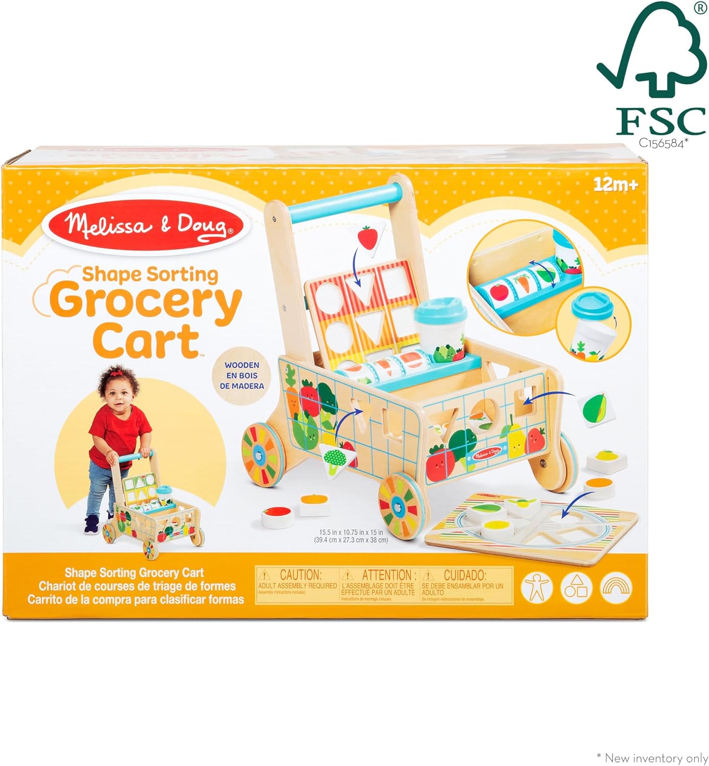 Melissa & Doug Wooden Shape Sorting Grocery Cart - Toddler Toys with 12 Blocks, Puzzle Board and Coffee Cup for Pretend Play and Montessori Toys - FSC Certified