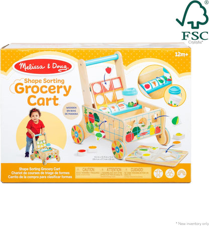 Melissa & Doug Wooden Shape Sorting Grocery Cart - Toddler Toys with 12 Blocks, Puzzle Board and Coffee Cup for Pretend Play and Montessori Toys - FSC Certified