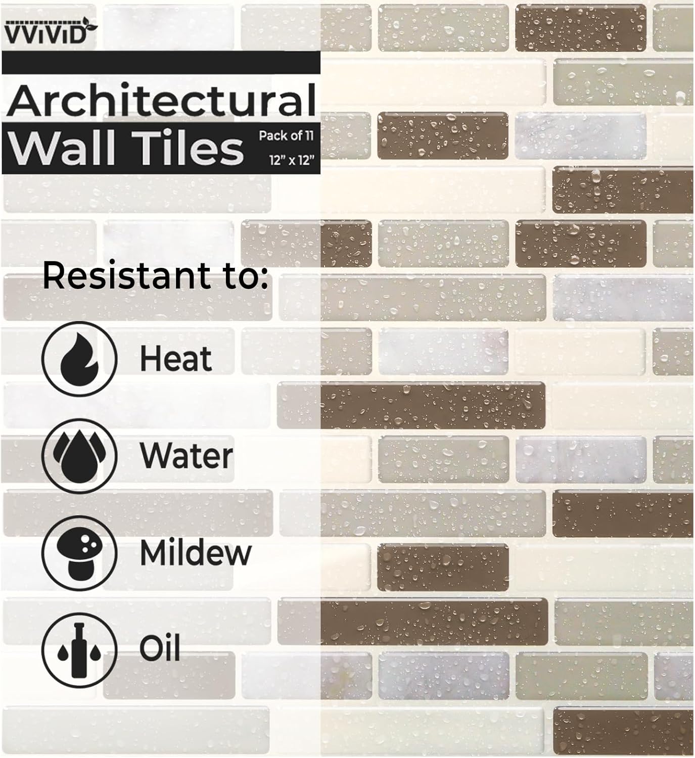 VViViD 11 Sheets Peel and Stick Grey Gloss Faux Ceramic Brick Wall Tiles, Self Adhesive Backsplash 12”x12”, 2mm Thick Kitchen, Bathroom (11 sq. ft.)