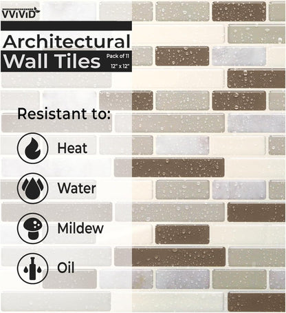 VViViD 11 Sheets Peel and Stick Grey Gloss Faux Ceramic Brick Wall Tiles, Self Adhesive Backsplash 12”x12”, 2mm Thick Kitchen, Bathroom (11 sq. ft.)