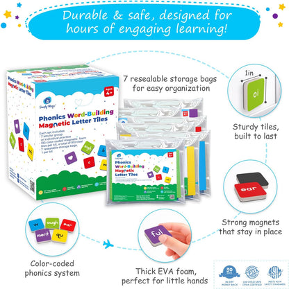 Simply Magic 910 PCS Magnetic Phonics Tiles, Magnetic Letter Tiles for Phonics, Spelling, Phonics Letter Tiles, All-In-One Phonics Manipulatives, Phonics Games for Kids, Reading Manipulatives - 7 Sets