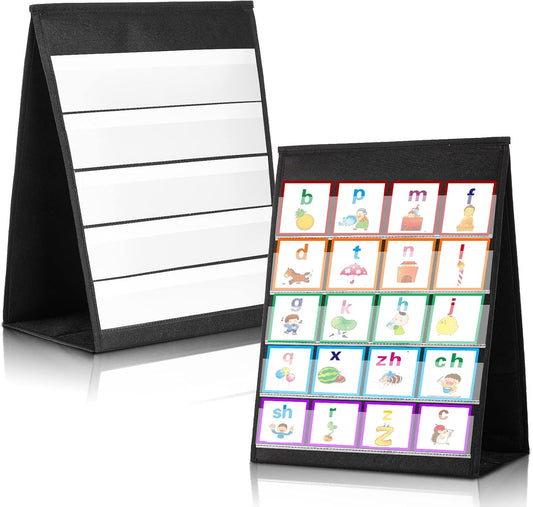 2 Pcs Desktop Pocket Chart Stand for Classroom 13 x 17 Inch Double Sided and Self-Standing Tabletop Pocket Chart with 40 Pcs Dry Erase Cards for Daily Schedule Teacher Student Classroom Office Home