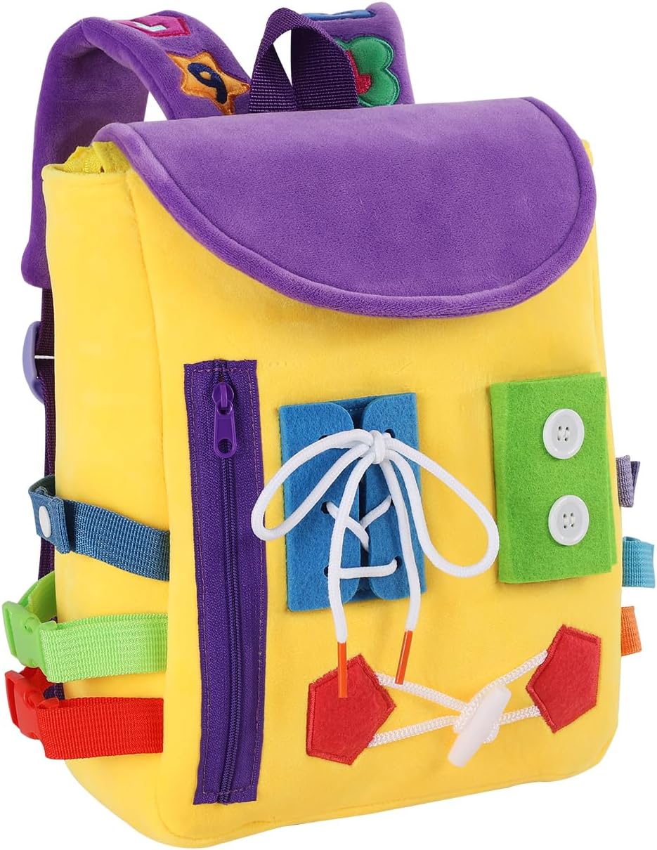 Busy Board - Toddler Backpack with Buckles and Learning Activity Toys - Develop Fine Motor Skills and Basic Life Skills - Learn to Tie Shoes - Children's Travel Toy